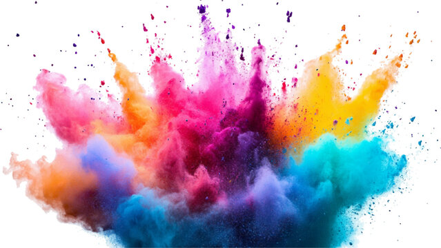 Multicolored powder explosion isolated on white background. An explosion of colorful powder is spreading on a white surface beneath. A colorful explosion powder white background.