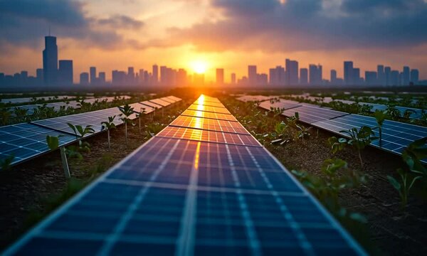 Solar panels reflecting sunset amidst urban skyline and greenery.