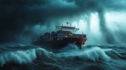 A container cargo ship navigates through a turbulent sea under stormy skies. The concept of global trade challenges, maritime resilience, and the power of nature. Generative ai.