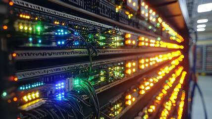 Naklejka premium Ai generated data center operations location unspecified technology infrastructure indoor environment close-up viewpoint innovation insights
