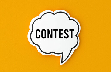Contest concept written in a speech bubble. Yellow background, illustration.