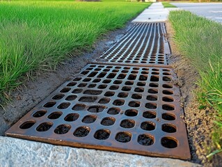 Rusty metal grate system drains water from sidewalk to green lawn. Drainage system near pathway. Stormwater management for pedestrian area visible. Outdoor landscape design element. Durable