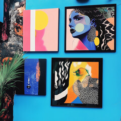 Eclectic Gallery Wall with Vibrant Portraits and Abstract Art