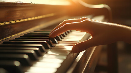 A Hand Gently Plays the Keys of an Antique Piano in Golden Sunlight, Musical Instrument with Warm Lighting.