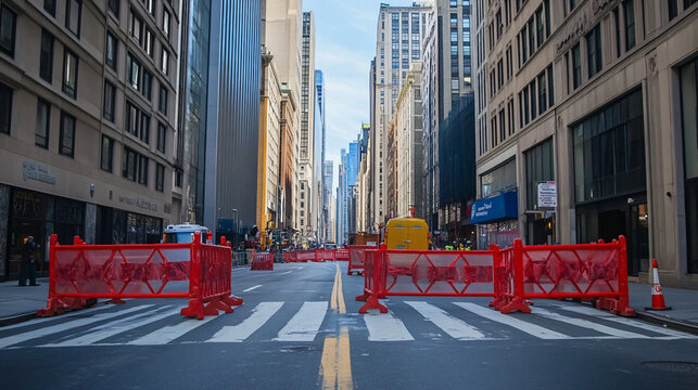 A city street with temporary barricades for a parade causing traffic delays.