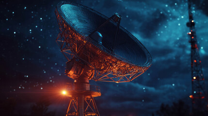 Gigantic radio telescope pointed skyward under a starry night sky