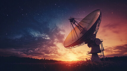 Radio telescope under a starry night sky during sunset