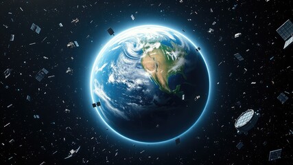 Fototapeta premium Space trash, Earth in Orbit Surrounded by Space Trash and Debris