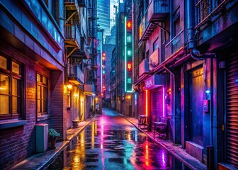 Obraz premium Abstract Urban Alley Illuminated by Neon Signs and Lights in Downtown District, Capturing the Vibrant Atmosphere of City Life and Modern Architecture