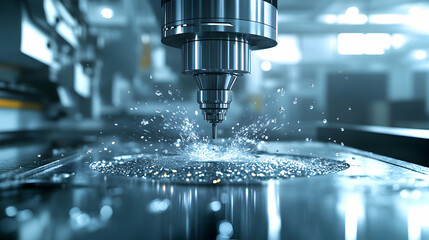 CNC Milling Machine Precisely Cuts Metal, Creating a Water Splash During Operation in an Industrial Setting