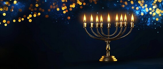 Menorah or hanukiah with nine burning candles on dark blue background with golden bokeh lights. Symbol of jewish holiday Hanukkah. Religious concept. Template with copy space for greeting card, banner