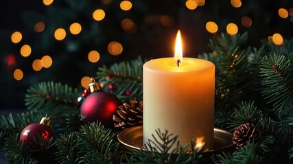 Burning Christmas candle in dark decorated fir tree room, 8k Resolution