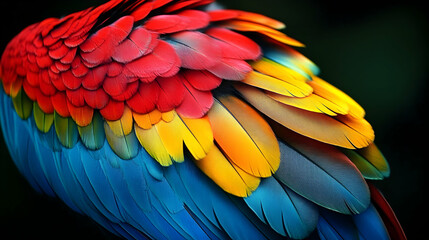 Obraz premium Vibrant Macaw Feathers Showcase Colorful Texture, Detailed Wing Close-up Displaying Rich Hues