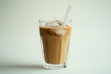Iced coffee in tall glass with straw on light background