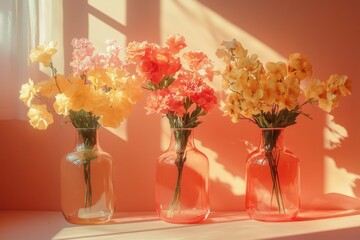 Fototapeta premium Three vases of different colors, each holding a different type of flower