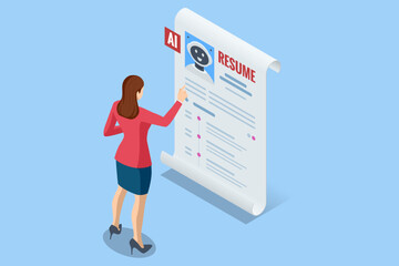 Isometric hiring and recruitment robots are selected for a job over a human candidate. Digital job interviews where artificial intelligence outshines traditional applicants.