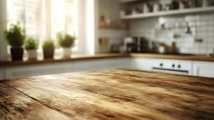Rustic Wooden Tabletop in Blurred Bright Kitchen Background, Ideal for Mockups and Presentations