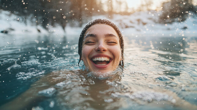 Joyful woman enjoying a refreshing swim in icy cold water