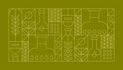 Green geometric linear background with olive oil in bottles, fruits and tree leaves. Vector outline abstract poster in modern minimal line art style with Mediterranean virgin cooking oil and branches