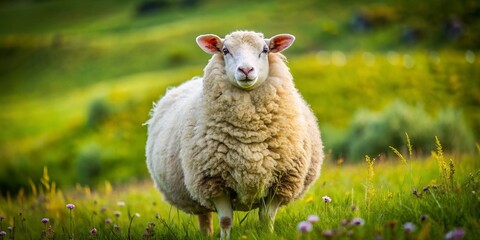 Naklejka premium A Charming Full-Body Shot of a Chubby Sheep Staring Directly at the Camera in a Lush Green Pasture, Capturing the Essence of Farm Life and Nature's Beauty