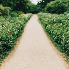 Obraz premium Serene garden path lined with blooming flowers and lush greenery.