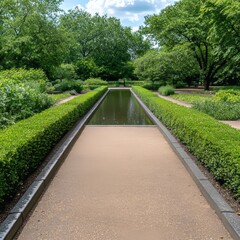 Obraz premium Serene garden path with reflecting pool, lush greenery, and manicured hedges.