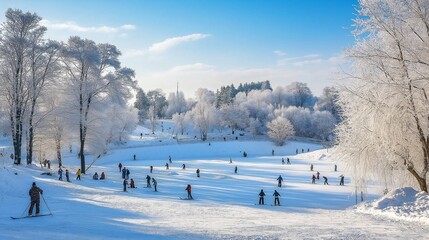 Show people enjoying skiing, snowboarding, or ice skating in a frozen landscape