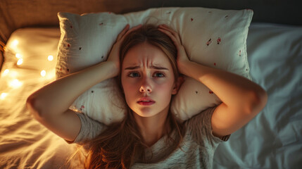 Fototapeta premium Stressed woman struggling to sleep due to insomnia and anxiety