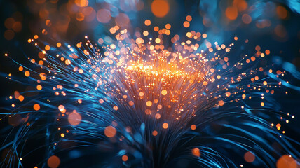 Ai generated glowing fiber optics dark environment abstract artwork close-up viewpoint illuminating technology concept