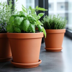 Fototapeta premium Three terracotta pots with herbs on windowsill.
