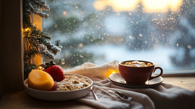 A cozy winter breakfast setting by the window, with oatmeal, fruit, and a hot beverage, welcoming the quiet start of the day.