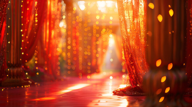 Bright red festive wedding decor with golden curtains and bokeh lights in a sunlit setting