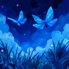 Two luminous blue butterflies fly over a field of grass under a starry night sky.