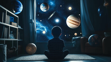 A kid boy surrounded by glowing stars and planets, creating a cosmic scene in his living room or bedroom. The concept of childhood imagination, space exploration dreams, and the wonder of discovery. G