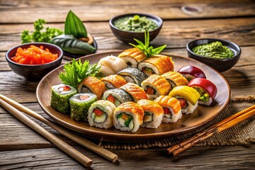 A Delicious Plate of Japanese Sushi Rolls with Assorted Ingredients Served on a Wooden Table, Perfect for a Culinary Experience or Food Blog, with Copy Space for Text Overlay