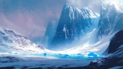 Solitary Figure Contemplating a Frozen Lake Surrounded by Majestic Snowy Mountains