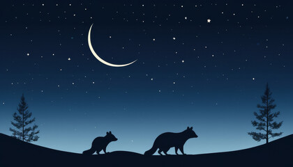 Silhouette of foxes walking under a crescent moon in a starry night sky