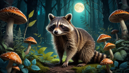 Obraz premium Cute raccoon standing in a magical forest with mushrooms under a full moon
