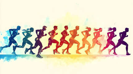 Obraz premium Colorful Silhouettes of Runners in Motion, Energetic Abstract Watercolor Background, Athletic Competition Illustration