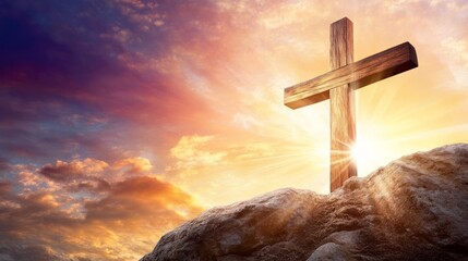 Big wooden cross on a mountain top. Religious background with copy space for text/title. Spiritual sacred catholic church symbol at sunset colorful clouds. Christianity motion template/mockup.