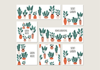 Cute set of home gardening backgrounds in simple flat style