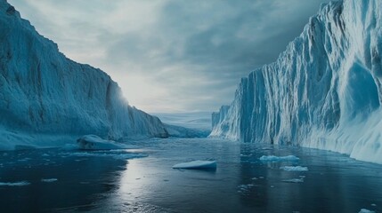 Two towering glacier walls converge in a frigid, icy landscape.