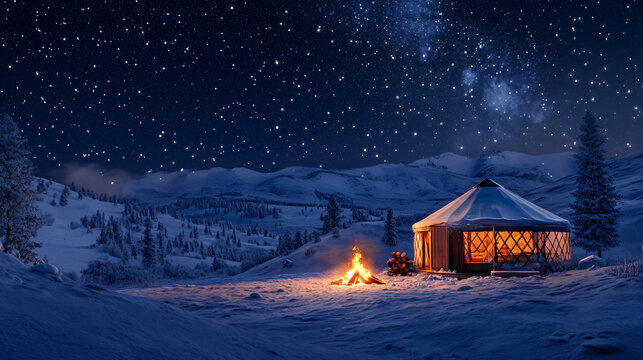 A cozy winter yurt campsite under a starry sky, with a bonfire, warm interiors, and snow-covered landscapes in every direction.