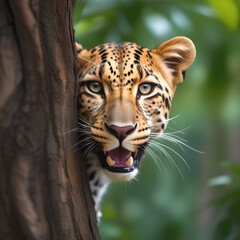 Fototapeta premium Close-up of a leopard - Witness the elegance and stealth of nature as this magnificent leopard peeks out from behind the tree, embodying the beauty of the wild.