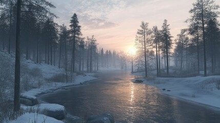 A winter forest at dusk, with a river shimmering under the soft light of the setting sun.