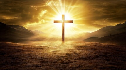 Glowing wooden cross in a desert. Religious background with copy space for text/title. Spiritual sacred catholic church symbol at sunset colorful clouds. Christianity motion template/mockup.