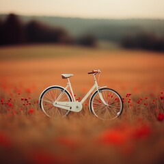 Fototapeta premium White bicycle in a poppy field at sunset.