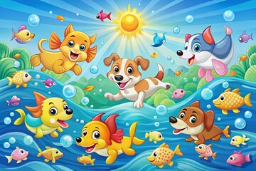 Adorable Cartoon Dogs Swimming Playfully in the Sea Surrounded by Colorful Fishes in a Vibrant Vector Illustration for Kids' Themes and Animal Lovers