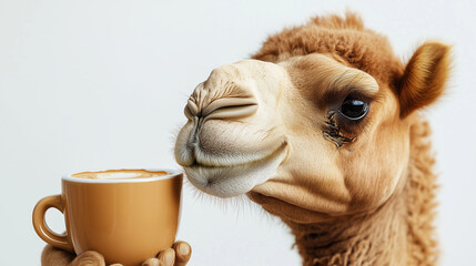 Funny camel with a cup of coffee on a white background