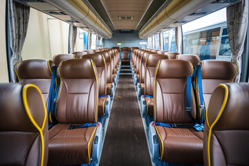 Interior de un autocar de viajeros vacío. Generado con IA